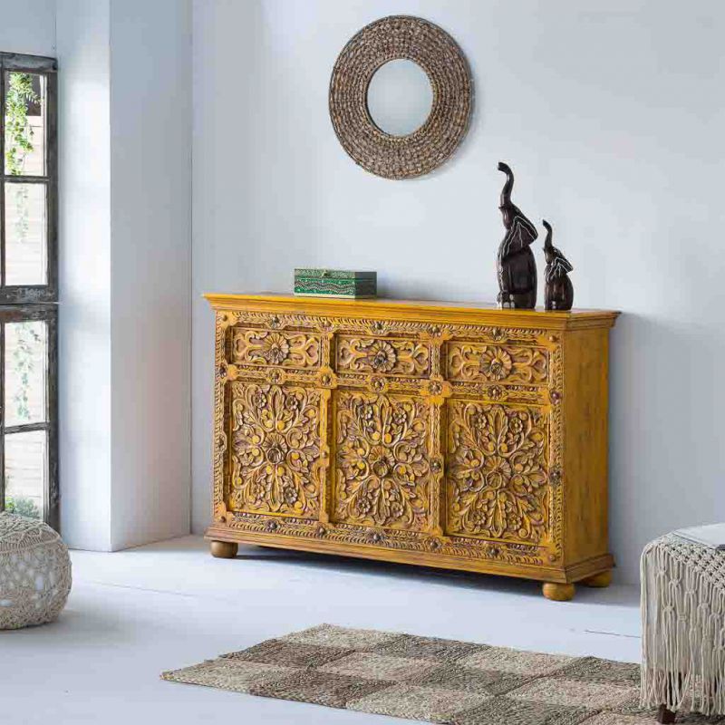 YELLOW ARTESANAL WOODEN SIDEBOARD WITH 3 CARVED DOORS AND 3 CARVED DRA