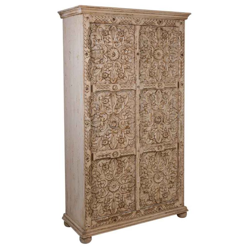 WHITE ARTESANAL WOODEN CABINET WITH 2 CARVED DOORS