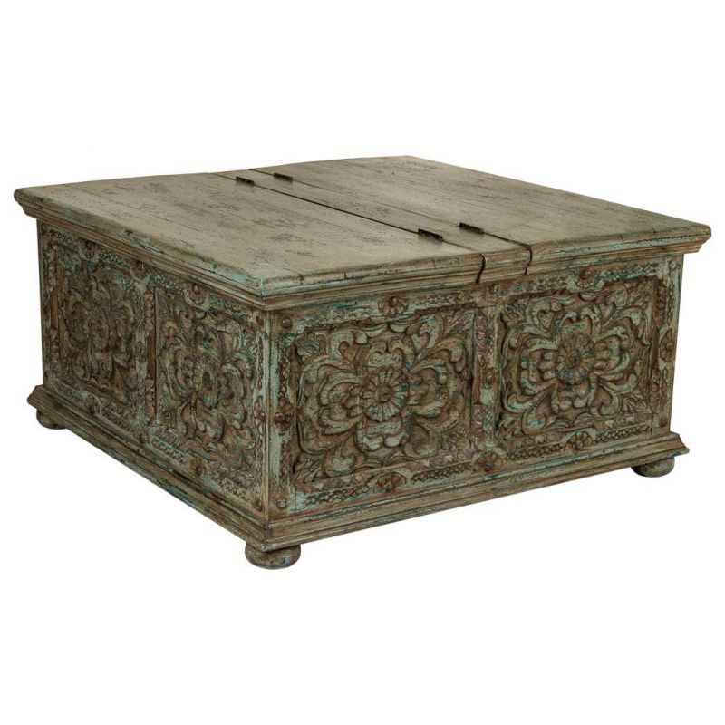 BLUE ARTESANAL WOODEN COFFEE TABLE TRUNK WITH CARVED SIDES