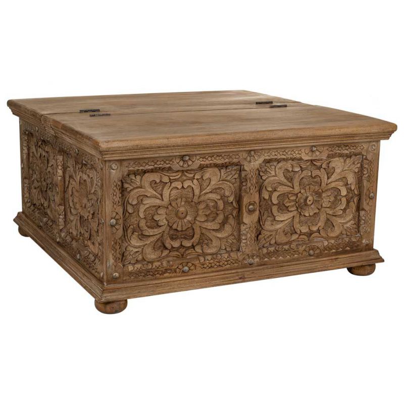 BROWN ARTESANAL WOODEN COFFEE TABLE TRUNK WITH CARVED SIDES