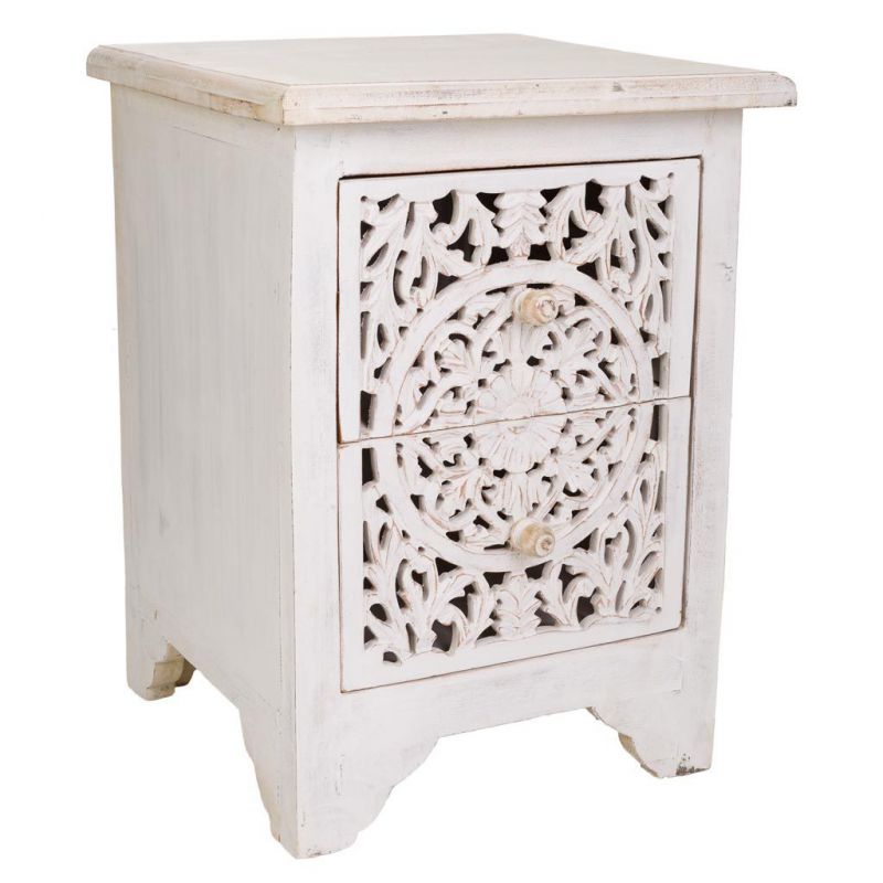 WHITE CARVED WOOD BEDSIDE TABLE WITH 2 DRAWERS HANDMADE FINISH