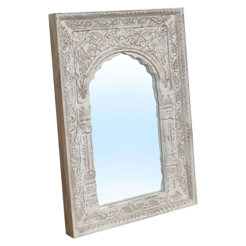 WOOD AND GLASS MIRROR WITH WHITE HANDMADE FINISH
