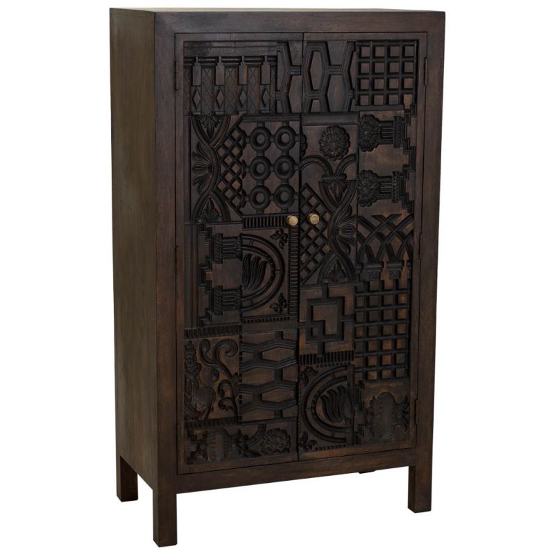 CARVED WOODEN WARDROBE WITH ARTISAN FINISH WITH 2 BROWN DOORS