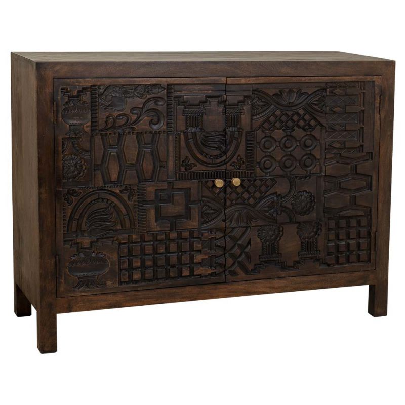 CARVED WOOD SIDEBOARD WITH ARTISAN FINISH WITH 2 BROWN DOORS