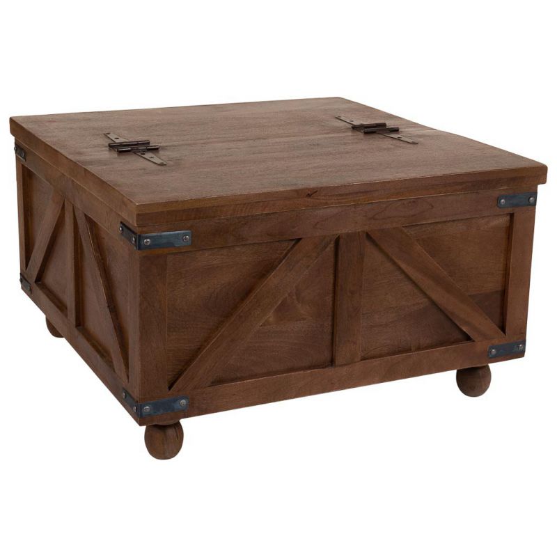 BROWN WOODEN COFFE TABLE WITH DOOR FOR TRUNK