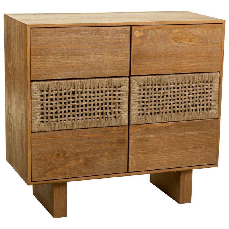 WOODEN AND BRAIDED ROPE CHEST OF 6 BROWN DRAWERS