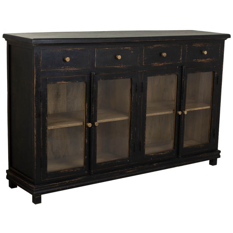 HANDMADE FINISHED WOOD AND GLASS SIDEBOARD WITH 4 DOORS AND 4 DRAWERS BLACK