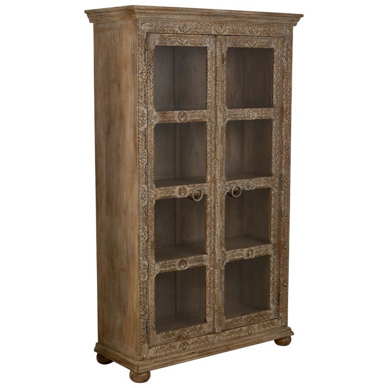 BROWN ARTESANAL WOODEN AND GLASS CABINET WITH 2 CARVED DOORS