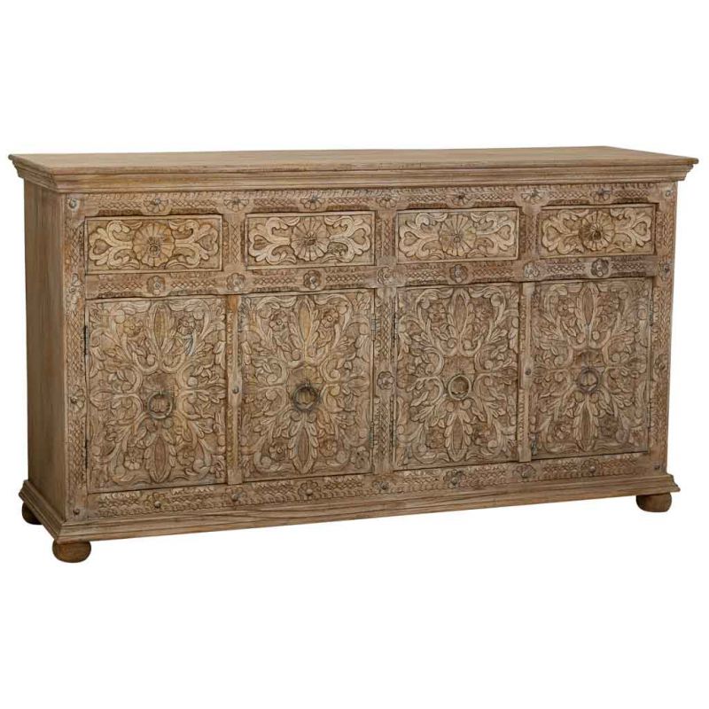 BROWN ARTESANAL WOODEN SIDEBOARD WITH 4 CARVED DOORS AND 4 CARVED DRAWERS