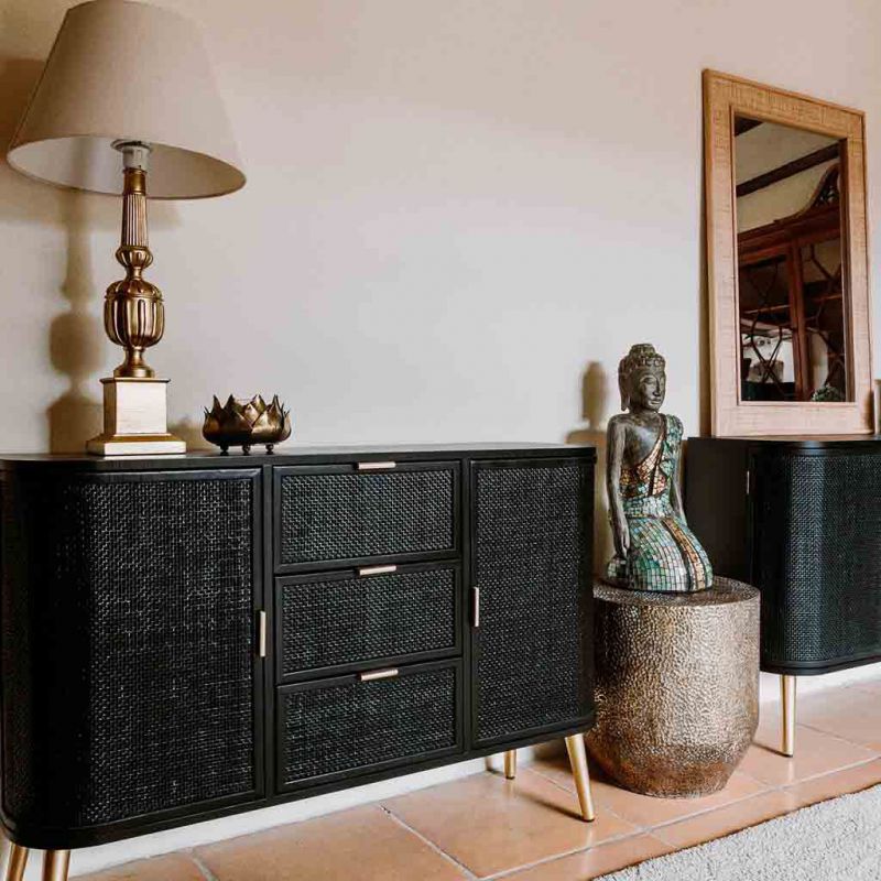 WOODEN SIDEBOARD AND BLACK GRID