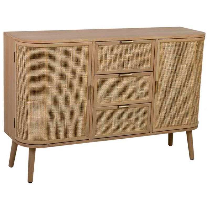 BROWN WOODEN WITH RATAN SIDEBOARD