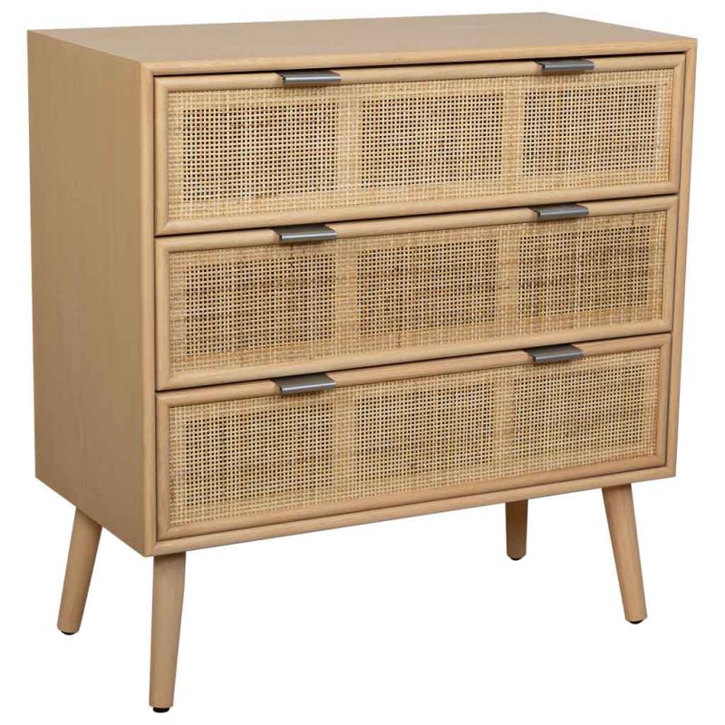 WOODEN AND RATTAN GRID CHEST OF 3 BROWN DRAWERS