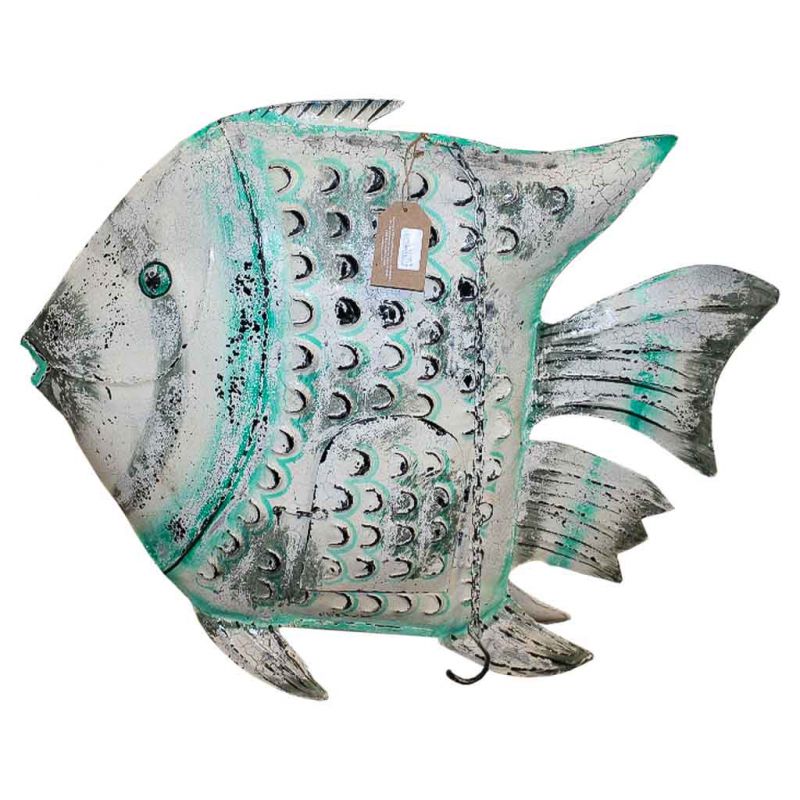 WHITE ANTIQUE METAL CANDLE HOLDER FISH