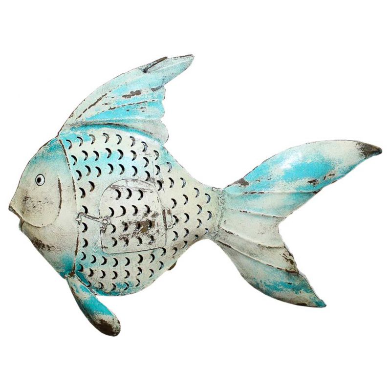 BLUE ANTIQUE METAL CANDLE HOLDER FISH
