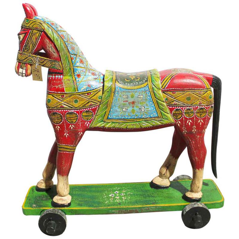 RED ARTISAN PAINTED WOODEN DECO HORSE