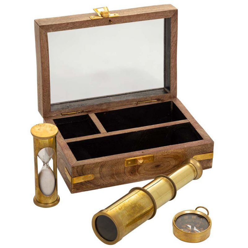 COMPASS, TELESCOPE AND HOURGLASS SET WITH WOODEN BOX AND GOLD AND BROWN BRASS METAL FINISH