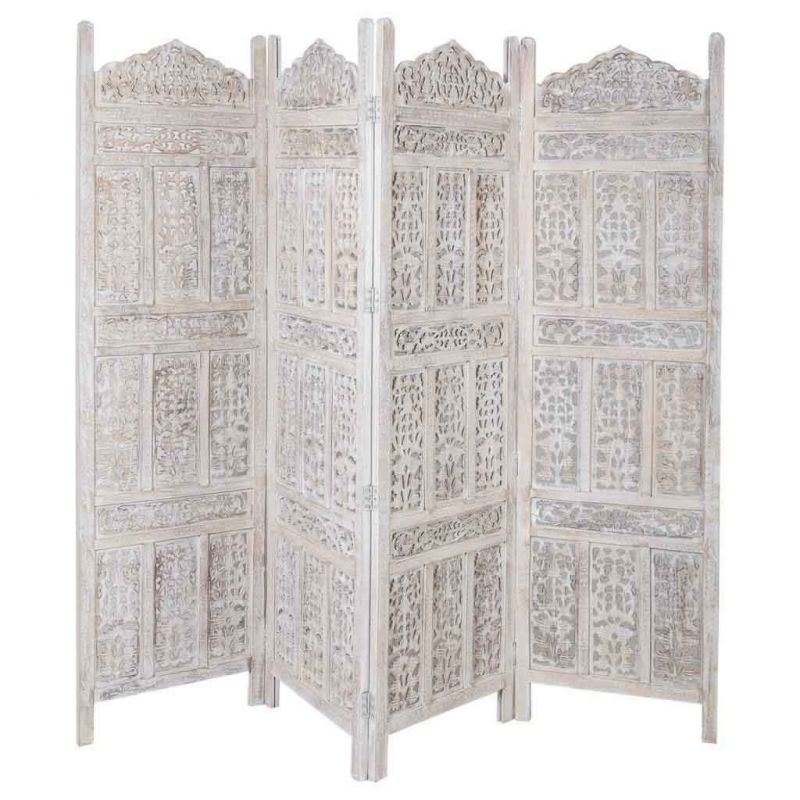 WHITE CARVED WOOD SCREEN OF 4 SHEETS HANDMADE FINISH