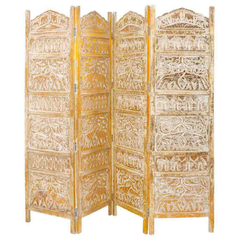 GOLDEN CARVED WOOD SCREEN OF 4 SHEETS HANDMADE FINISH