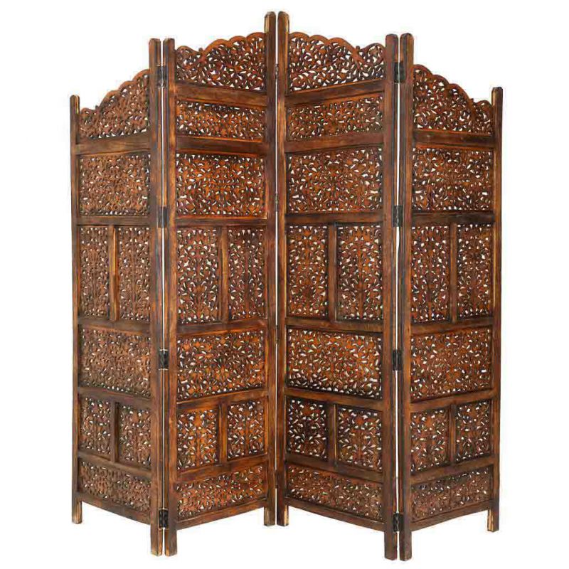 BROWN CARVED WOOD SCREEN OF 4 SHEETS HANDMADE FINISH