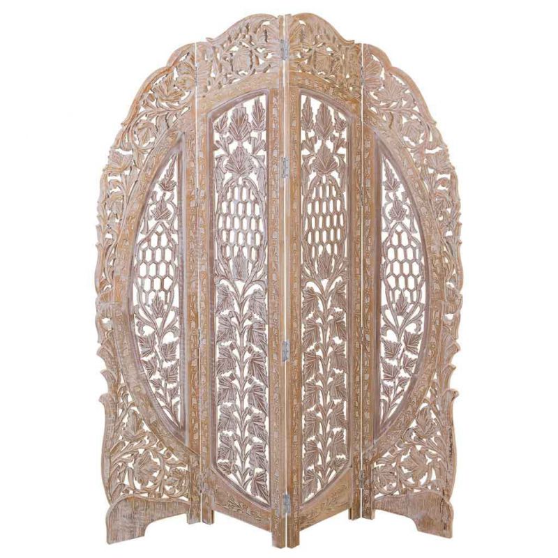 WHITE-BROWN CARVED WOOD SCREEN OF 4 SHEETS HANDMADE FINISH