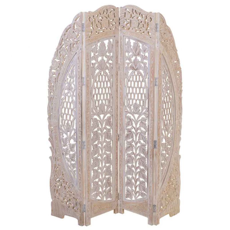 WHITE ROUND CARVED WOOD SCREEN OF 4 SHEETS HANDMADE FINISH