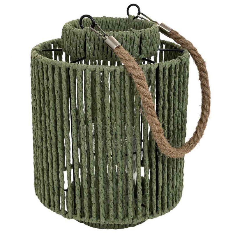 METAL CANDLE LANTERN AND GREEN PAPER ROPE