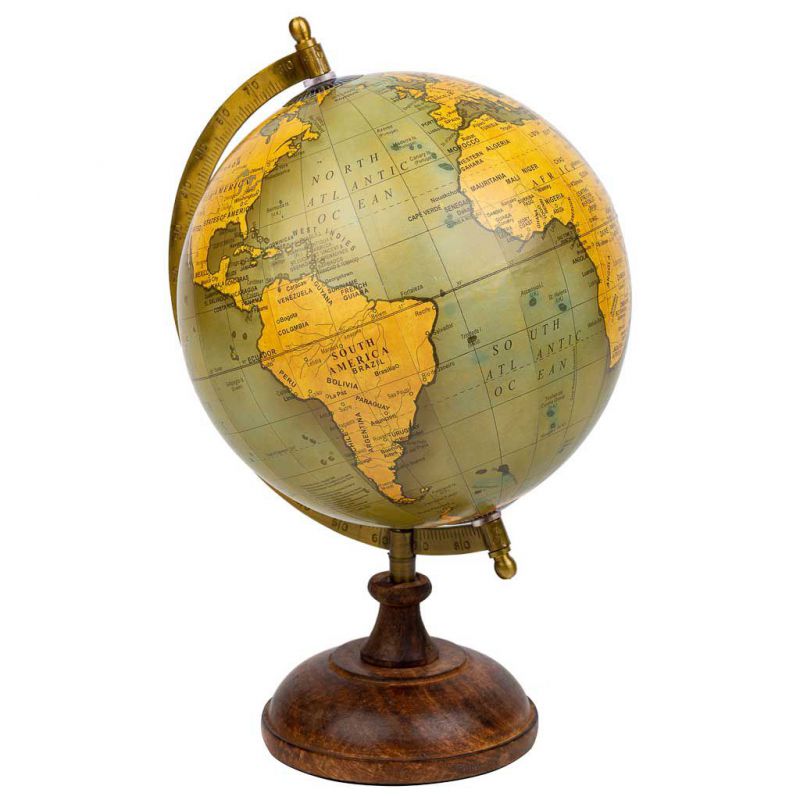 PLASTIC GLOBE WITH IRON ARC ON BROWN WOODEN BASE