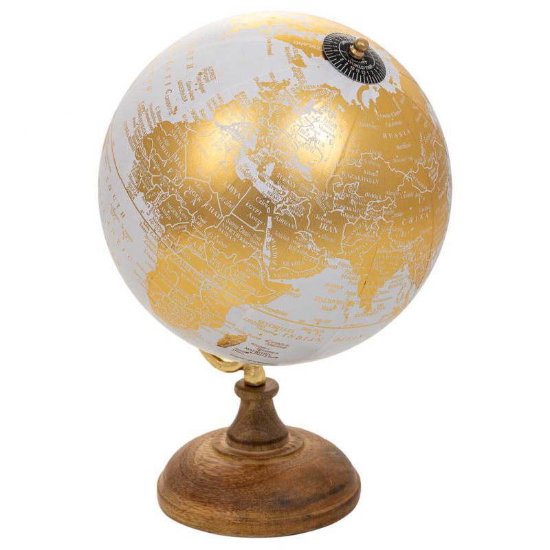 PLASTIC GLOBE WITH BROWN WOODEN BASE