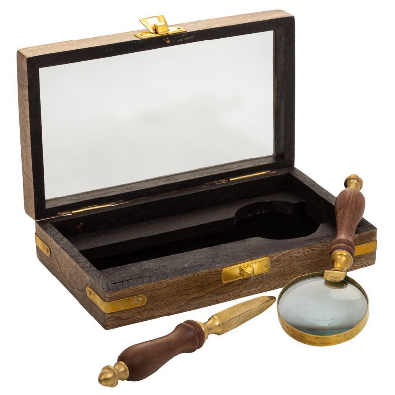 METAL MAGNIFIER (D 5CM) AND LETTER OPENER IN BROWN WOODEN BOX