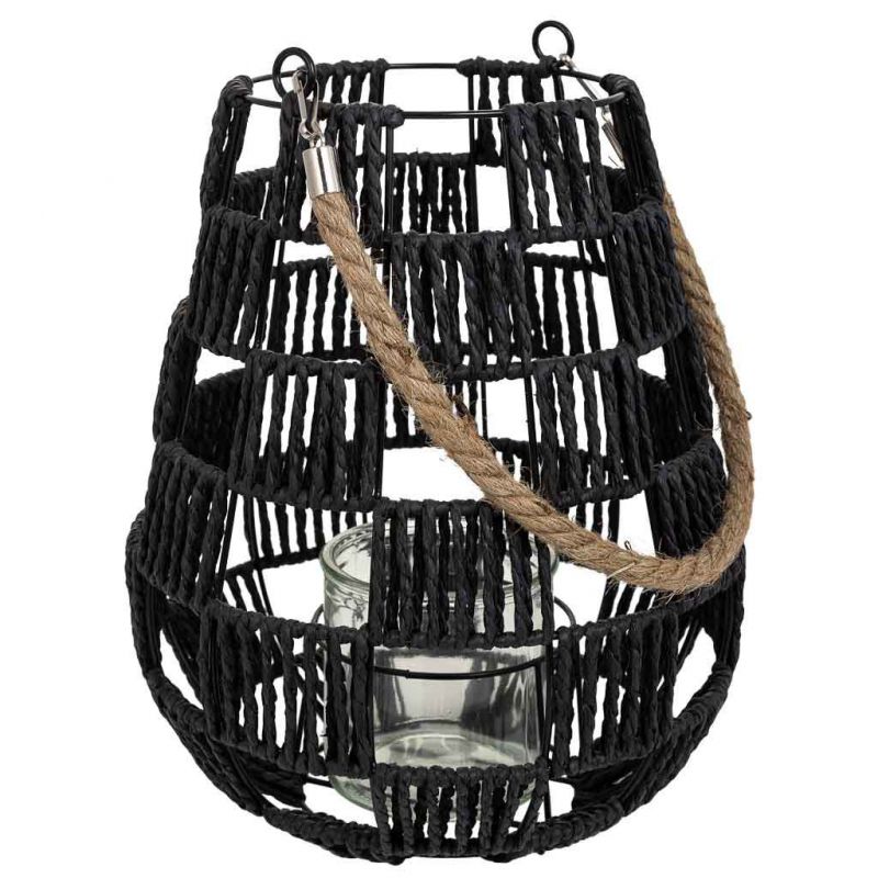 METAL CANDLE LANTERN AND BLACK PAPER ROPE