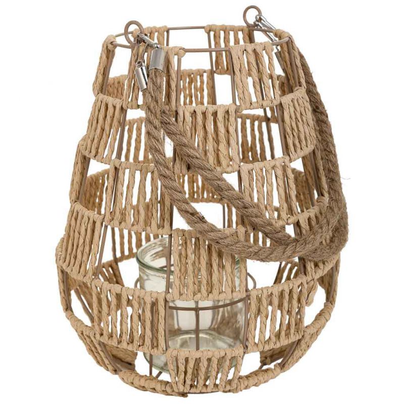 METAL CANDLE LANTERN AND BROWN PAPER ROPE