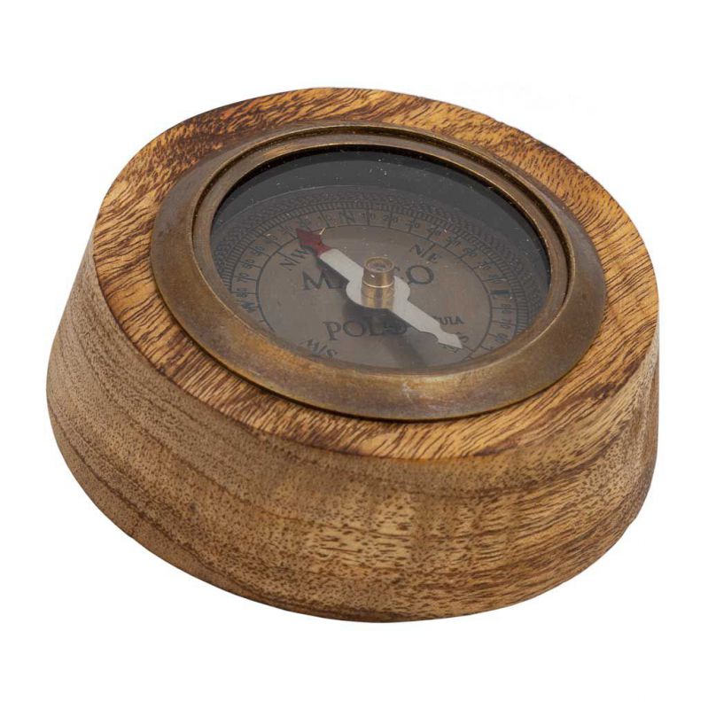 COMPASS WITH WOODEN BASE AND BROWN BRASS METAL