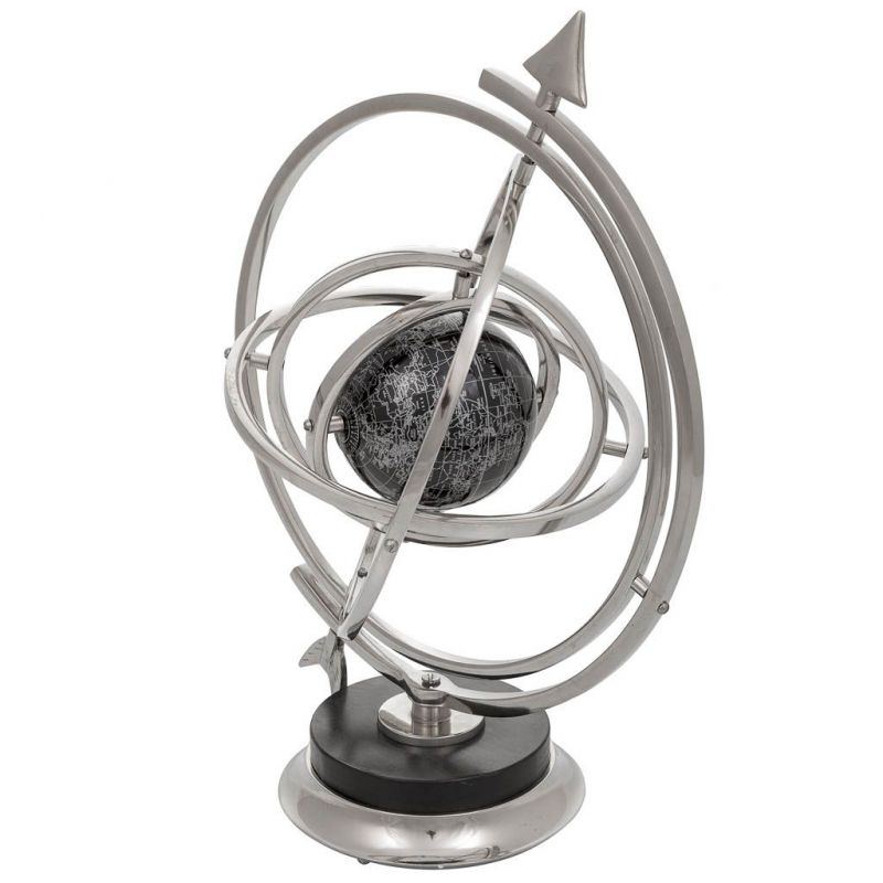 ASTROLOGICAL SPHERE OF ALUMINUM AND WOOD BLACK AND SILVER