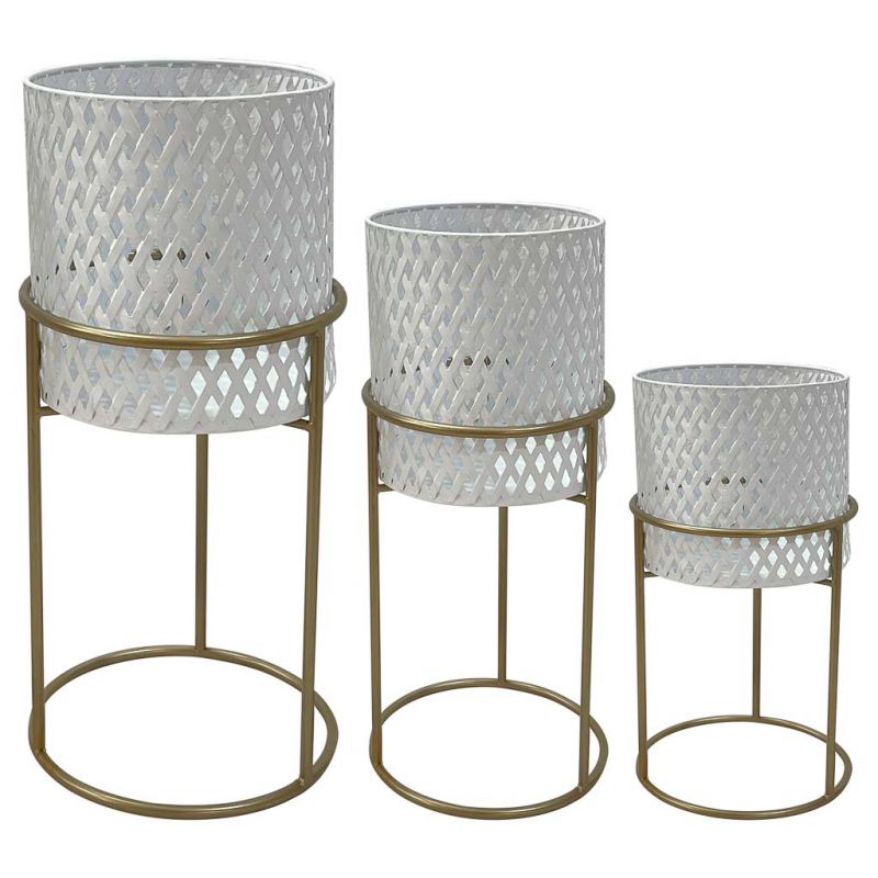 METAL PLANTER POT WITH METAL SUPPORT SET 3 PIECES WHITE