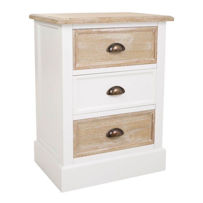 WOOD ANTIQUE TOP WITH WHTE 3 DRAWERS BEDSIDE