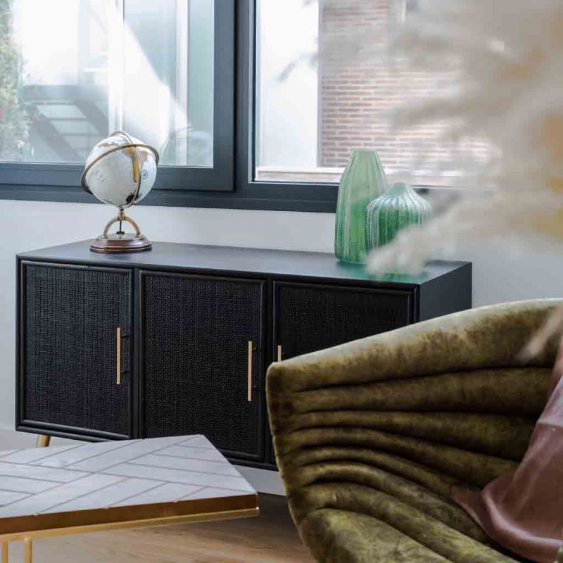 BLACK WOODEN AND BAMBOO SIDEBOARD