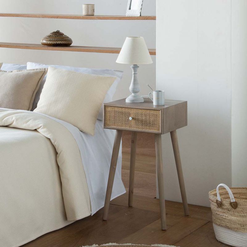 BROWN WOOD BEDSIDE TALBE AND NATURAL BAMBOO WITH ONE DRAWER