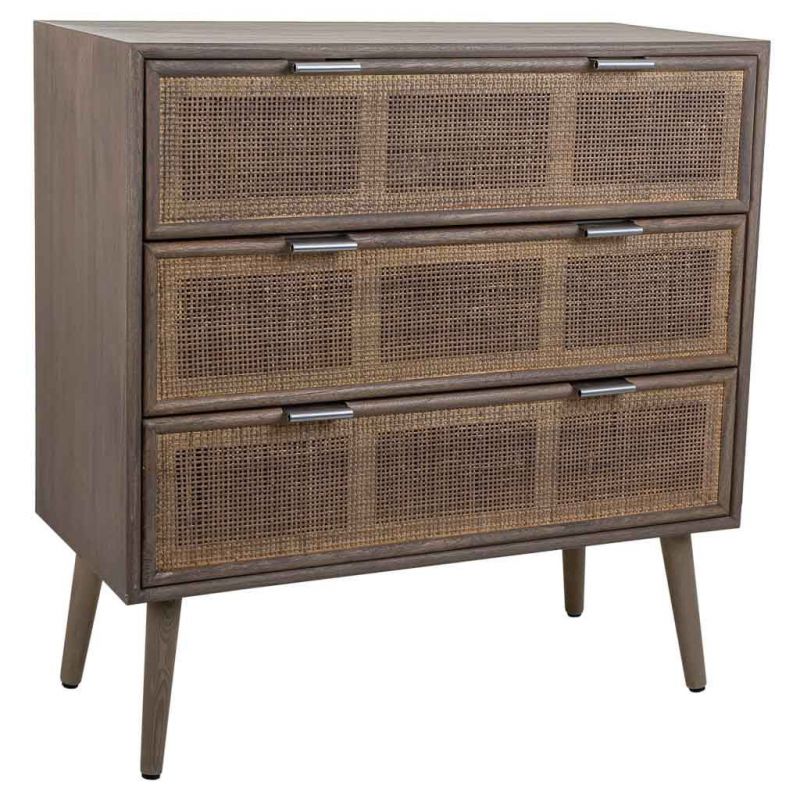 GREY WOOD AND RATTAN CABINET WITH 3 DRAWERS