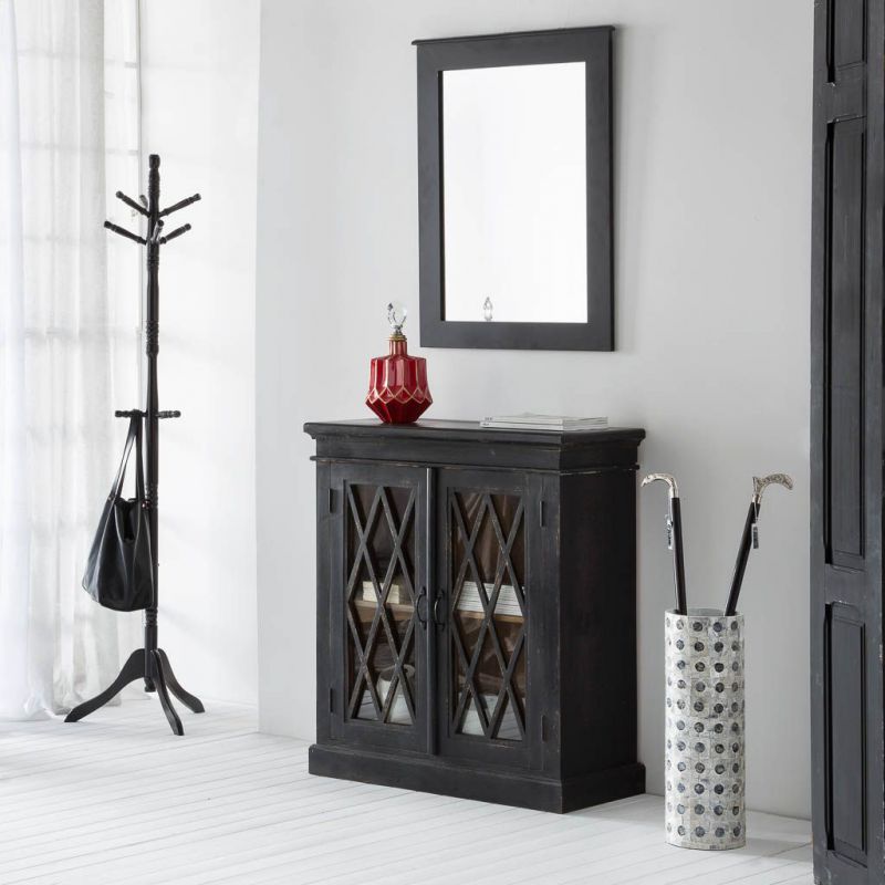 BLACK ARTESANAL WOODEN AND GLASS CONSOLE WITH 2 DOORS
