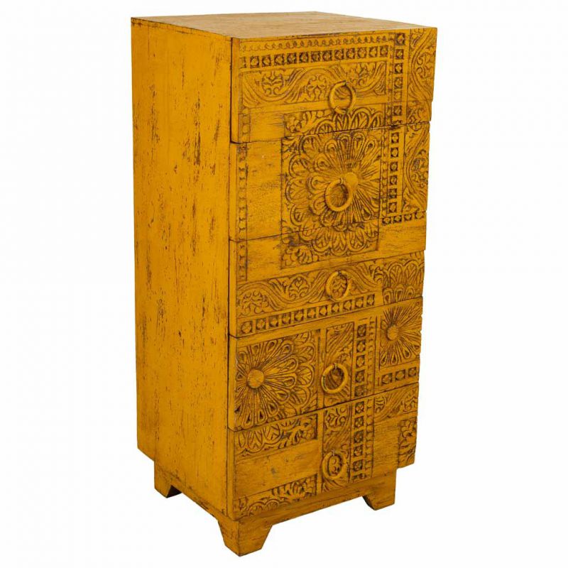 YELLOW ARTESANAL WOODEN CABINET WITH 5 CARVED DRAWERS