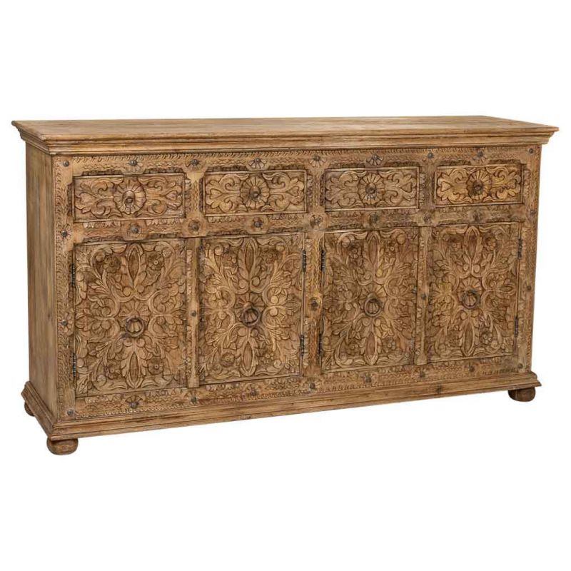 BROWN ARTESANAL WOODEN SIDEBOARD WITH 4 CARVED DOORS AND 4 CARVED DRAW