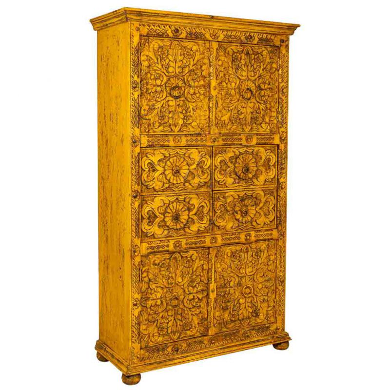 YELLOW ARTESANAL WOODEN CABINET WITH 4 CARVED DOORS AND 4 CARVED DRAWE