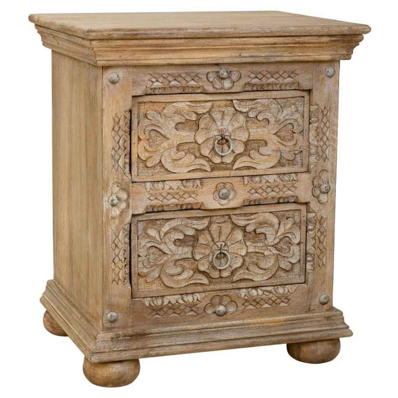 BROWN ARTESANAL WOODEN BEDSIDE TABLE WITH 2 CARVED DOORS