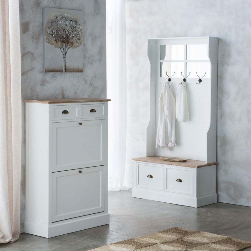 WHITE WOODEN SHOES CABINET WITH 2 DRAWERS AND 2 DOORS