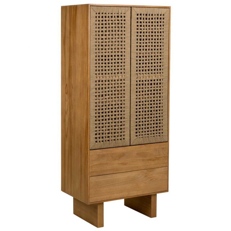 WOODEN AND BRAIDED ROPE WARDROBE WITH 2 DOORS AND 2 BROWN DRAWERS