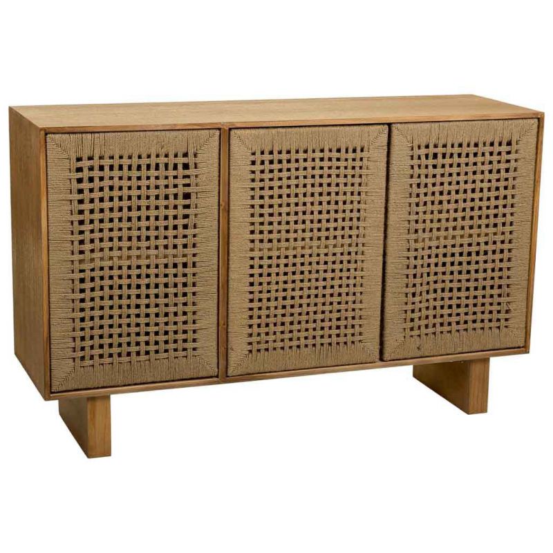 WOODEN AND BRAIDED ROPE SIDEBOARD WITH 3 BROWN DOORS