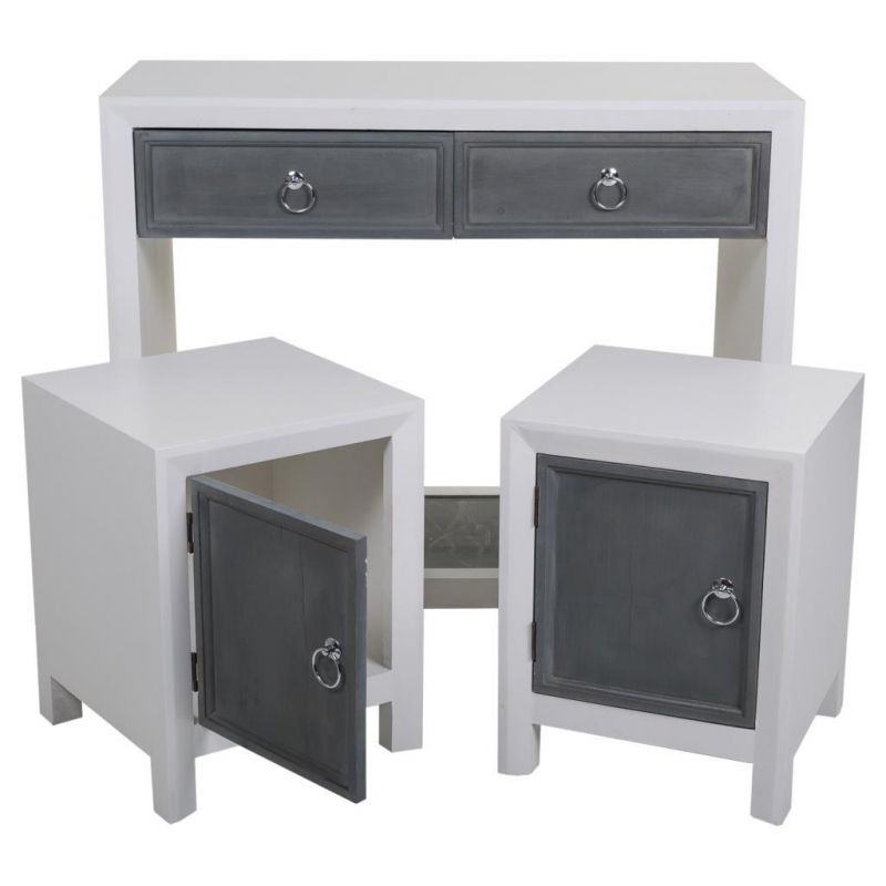 WHITE AND GREY WOOD CABINET AND STOOLS SET OF 3 PCS