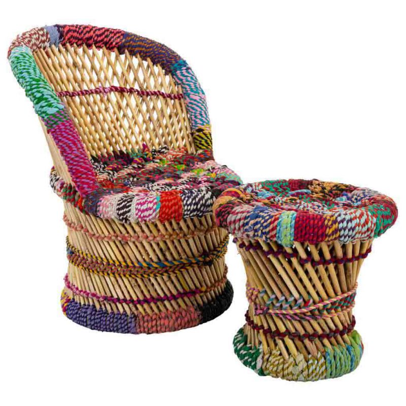 SET ARMCHAIR AND STOOL FOR BOYS BAMBOO AND COLORED ROPE