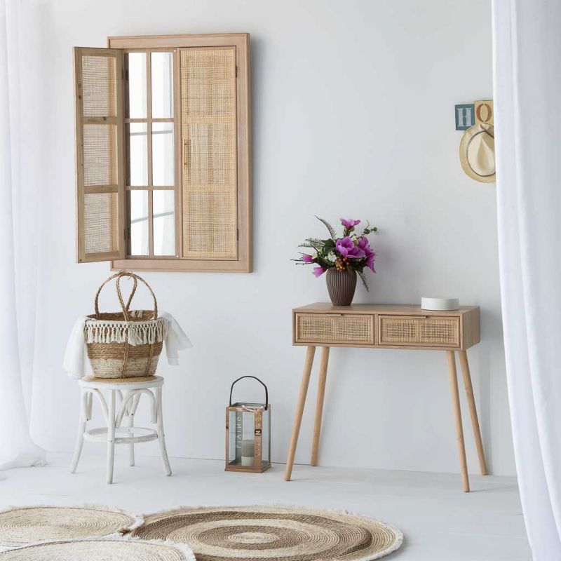 MIRROR WITH 2 WOODEN DOORS AND GRID