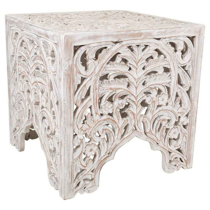 WHITE SQUARE CARVED WOOD COFFEE TABLE HANDMADE FINISH